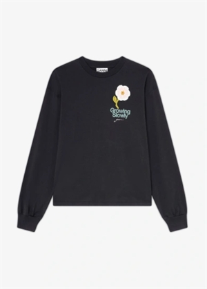 Basic cotton jersey long sleeve crochet patch bluse Phantom A1050176 Ganni 